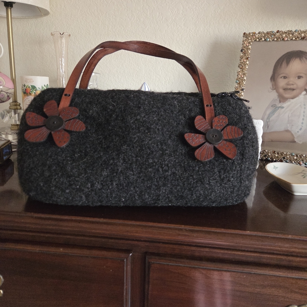 Handmade Felted Purse With Tooled Leather Flowers And Leather Straps